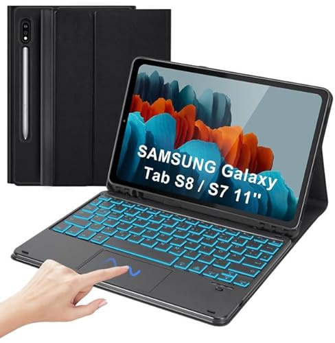 SOPPY Tastaturhülle mit Touchpad für Samsung Galaxy Tab S8 2022/Tab S7 2020 11 Zoll, Kabellose Bluetooth Tastatur Hülle Schutzhülle mit Stifthalter - Deutsches QWERTZ, Schwarz Beleuchtet