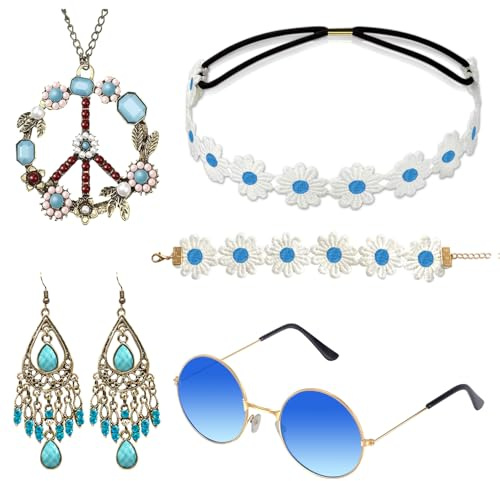 Alintor Hippie Accessoires für Schlagermove Outfit Damen, Flower Power Zubehör für Hippie Kostüm, 60er 70er Jahre Bekleidung, Peace Kette, Brille