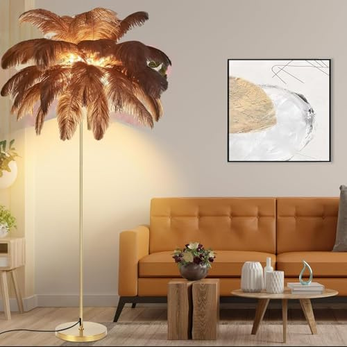 Federlampe Stehlampe, 160cm Straußenfeder-Stehlampe, 3-farbig Dimmbar | Gold Stehleuchte mit Federn Lampenschirm, mit Knopfschalter Dekorbeleuchtung