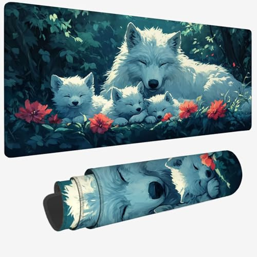 Tapis de Souris XXL 500 x 250 x 3 MM, Blanc Grand Tapis de Souris avec Imperméable et Caoutchouc Antidérapant Loup Sous Main Bureau à Bords Cousus, Améliore la Précision et la Vitesse pour Gamer W-372