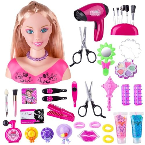 Testa di bambola per acconciature modello per bambini, testa di bambola per acconciature 35 pezzi/set simulata per bambini con asciugatrice alimentata a batteria fantasiosa e trucco apprendimento