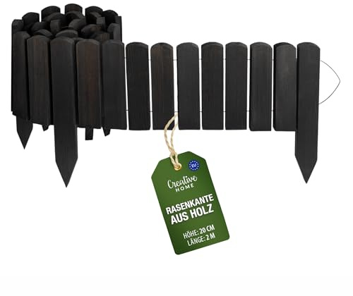 Creative Home Rasenkante Beeteinfassung Holz 200 x 20 cm (L x H) Schwarz | Flexible Beetumrandung 20 cm hoch Gartenzaun zum Stecken | Ideal als Beetbegrenzung, Holzzaun, Deko Zaun, Mähkante, Beetzaun