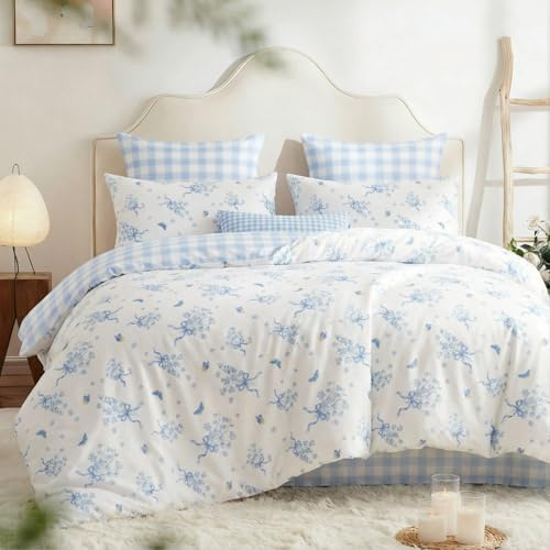 Freyamy Bettwäsche 135x200 Blau Blumen Schmetterling Karo Bettwäsche Set | Aesthetic Bettwäsche Mädchen, Microfaser ÖKO-TEX Bettwäsche-Sets, 1 Bettbezug mit Reißverschluss und 1 Kissenbezug 80x80cm
