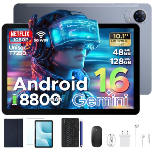 Easerush P10 Pro 10 Inch Tablet, Android 16 Tablet, 120Hz 48GB RAM+128GB ROM/TF 2TB, T7250 Octa-Core, 8800mAh Battery, Widevine L1, Gemini AI, 13MP+5MP, Tablet with Keyboard/Pen/Mouse Earphone, Gray