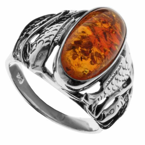 Ostsee-Schmuck Damen-Ring 925/000 Sterlingsilber Größe 58 (18.5) mit Bernstein, Fischlandmotiv 001 270005 A258