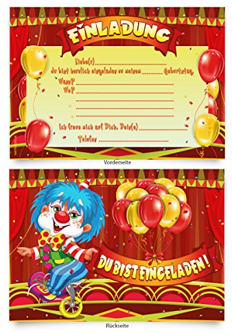 Einladungskarten (8 Stück) zum Ausfüllen für Kindergeburtstag - „Zirkus“ Clown