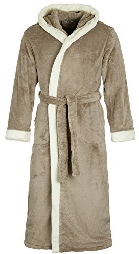 Di Vadini Unisex Herren Damen Bademantel Prato mit Kapuze I Morgenmantel flauschig I Nachtwäsche aus edler Mikrofaser Farbe: Taube/Ecru, Grösse: S