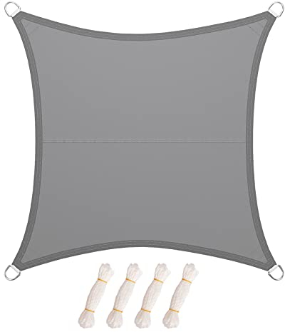 LARMNEE Sonnensegel Sonnenschutz inkl Befestigungsseilen, 4 x 4 m, PES, Quadratisch, für Garten Balkon, Wetterschutz, Wasserabweisend, UV-Schutz, Reißfestigkeit, Outdoor, Hellgrau ELG44SP02