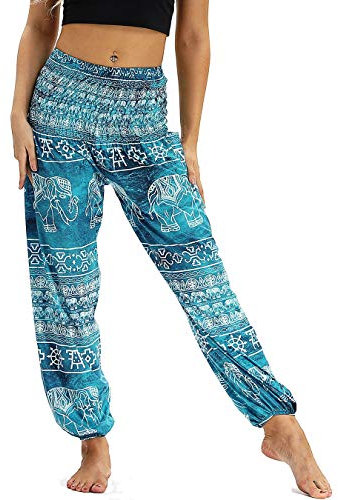 Nuofengkudu Damen Hippie Harems Hose Pumphose Haremshose Aladdinhosen Boho Gemustert Gesmockte Taille mit Taschen Yogahose Freizeithose Sommerhose Strandhose Hellblau Elefant C