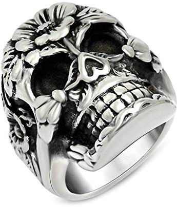 Beydodo Bague en Acier Inoxydable Homme Bague Tête De Mort Fleur Rose Vitnage Taille 59 Bague Punk Homme