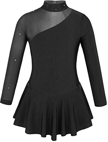 iEFiEL Mädchen Ballettkleid Glitzer Eiskunstlauf Kleid Kinder Swing Schaukel Tanzkleid Ballettanzug Langarm Body Trikot Turnanzug Schwarz 140