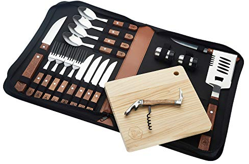 LAGUIOLE - Set Completo da Picnic - 18 Pezzi - Coltelli - Forchette - Cavatappi - Maniglie in Legno di Pino -
