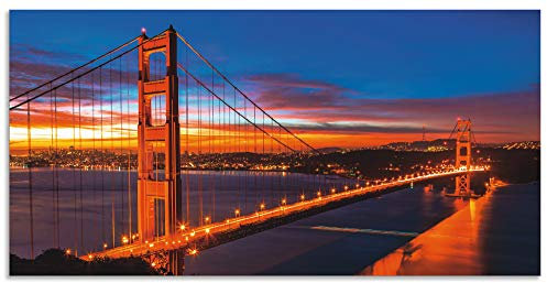 ARTland Wanddeko Wandbild Alu Verbundplatte für Innen & Outdoor Bild 60x30 cm Architektur Brücken Fotografie Blau The Golden Gate Bridge am frühen Morgen S6ET
