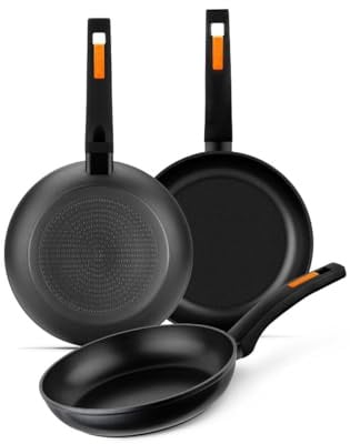 MONIX Fuego | Set 3 sartenes 18-22-26 cm, aluminio forjado, antiadherente bicapa, sin PFOA, mango baquelita, apta para todo tipo de cocinas incluida inducción