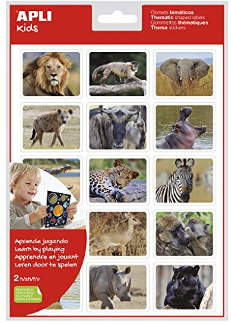 APLI Kids 18734 - Realistische Themen-Gometasche Tiere in Ihrem Lebensraum Savanne mit 15 Designs, abnehmbarer Kleber, 2 Blatt, 15 Gomets pro Blatt
