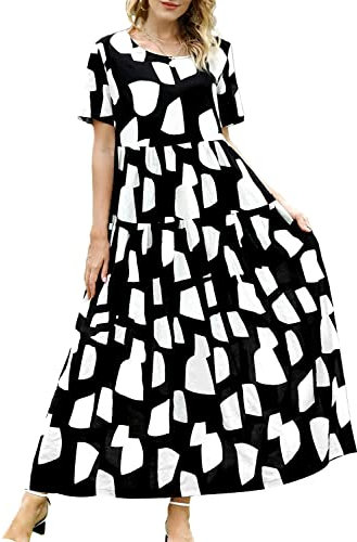 YESNO Women Dresses Casual Plus Size Bohemian Short Sleeve Floral Long Maxi Summer Beach Swing Dress/Pockets 3XL EJFUK CR162