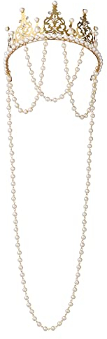 COSDREAMER Damen Hochzeit Krone Tiara Barock Königin Perlen Kette Krone (schwarz) (Gold)
