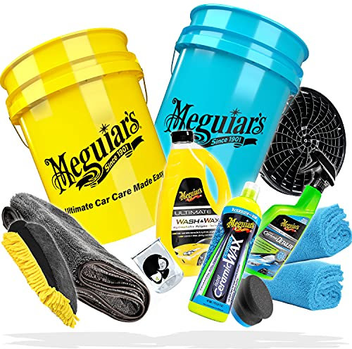 detailmate Autowäsche Set Waschhandschuh + Microfiber Monkey Trockentuch + Meguiars: Wash&Wax Shampoo + Hybrid Ceramic Liquid Wax + Hybrid Ceramic Detailer + 2X Wascheimer + Schmutzsieb + Zubehör