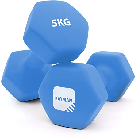 KAYMAN Neoprene Dumbbell Pair with Anti-Slip Grip, Hex Edges, Water-Resistant Surface & Free Workout Poster Guide - Weight Set for Home, Gym & Fitness Training Equipment - Unisex (5kg - Blue)