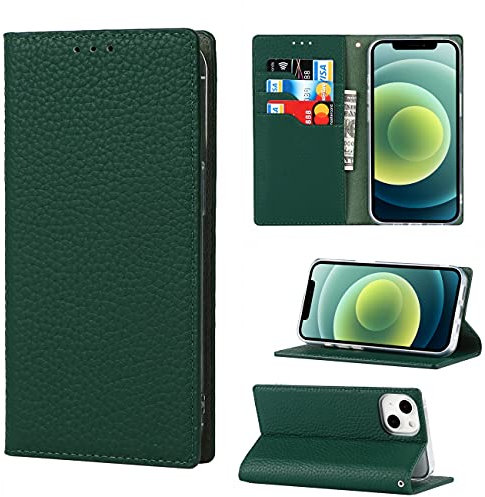 Copmob Case Compatible for iPhone 13,Premium Genuine Leather Flip Wallet Case,[3 Card Slots][Magnetic Closure][RFID-Blocking],Protective Case Cover for iPhone 13 - Dark Green