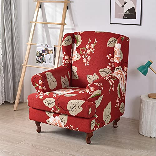 Highdi 2-Teilig Ohrensessel Bezug Sesselbezug Sesselüberwürfe Ohrensessel Überzug Klassisch Muster Stretch Sesselhusse mit Armlehne für Ohrensessel, Relaxsessel, Fernsehsessel (Luxus Rot)
