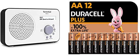 TechniSat VIOLA 2 Radio DAB portatile, Bianco/Nero & Duracell Plus AA, Batterie Stilo Alcaline, confezione da 12, 1.5 volt LR6 MN1500