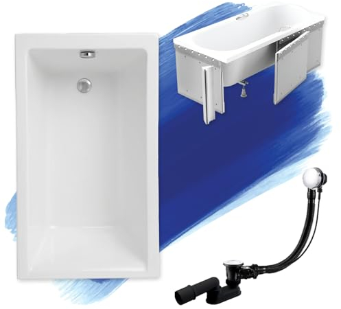 BADLAND Badewanne Original Weiß Acryl Wanne Rechteck CAPRI 120x70 KOMPLETTSET SET mit Premium Styroporverkleidung + Füßen und Exklusive Chrom Automatik Ablaufgarnitur Made in EU 4in1