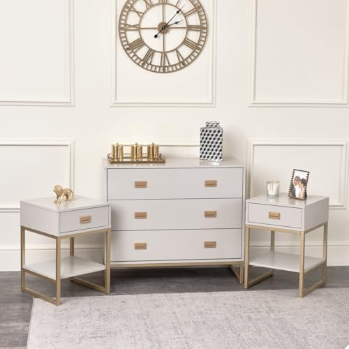 Melody Maison Large 3 Drawer Chest of Drawers and Pair of Bedside Tables - Elle Stone Range