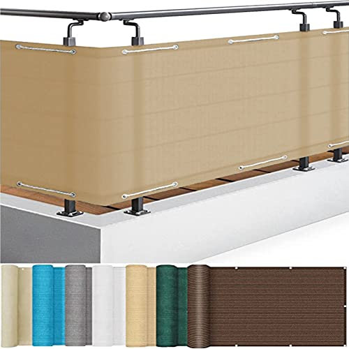 Balkon Sichtschutz 65 x 400 cm UV- und Wetterbeständig Schattiernetz Balkonschutz mit Ösen und Kabelbinder für Balkongeländer Terrasse, Khaki