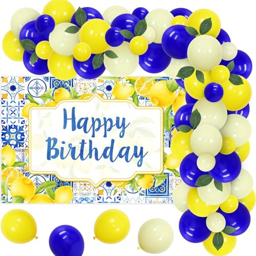 Blue Tile Lemon Birthday Decorations for Boys and Girls, Capri Lemon Balloon Garland Arch Kit with Happy Birthday Banner, Lemon Birthday Party Supplies