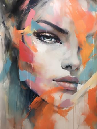 Acryl-Bild 70 x 90 cm: Porträt einer schönen jungen Frau mit hellem Make-up und abstrakter Malerei. (213124943)
