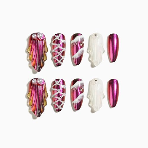 Sun&Beam Nails Handgefertigte Kunstnägel Mittel Lang Mandel Nägel zum Aufkleben in Lila 3D Strass Süß Design mit Klebepads 10 Stück (#019 XS)