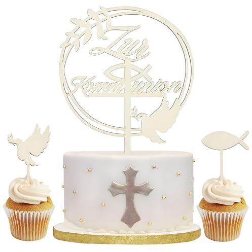 Huahuanghui Kommunion Cake Topper, Taufe Holz Tortendeko, 16cm Durchmesser, Weiß