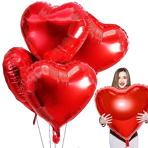 Herz Folienballon Rot 4PCS, XXL Herzluftballons Hochzeit, 32 Zoll Folienballons Herz, Herzluftballons Helium, Herzform Folienluftballon Deko Geeignet für Geburtstag Hochzeit Verlobung Valentinstag