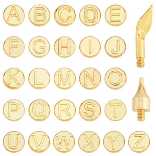 DICOSMETIC 28Pcs Wood Burning Carving 26 Letters Carving Tool Golden Brass Soldering Iron Wood Burning Tips Embossing Burning Tips Mold Carving Set for DIY Pyrography Letter Carving Crafts