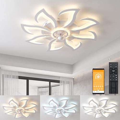 Dimmbar Deckenleuchte mit Ventilator Groß 80cm, Deckenventilator mit Beleuchtung und Fernbedienung Leise, LED Deckenlampe für Wohnzimmer Schlafzimmer Ventilator mit Licht, Blütenblatt-Design 9-Köpfe