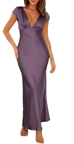 Halfisland, Sommerkleid aus Satin, Mit V-Ausschnitt und kurzen Ärmeln, Für Damen, Rückenausschnitt, Maxi-Länge, Elegantes Kleid mit Twist- und Cut-Out-Design, Ideal als Hochzeitsgast-Outfit