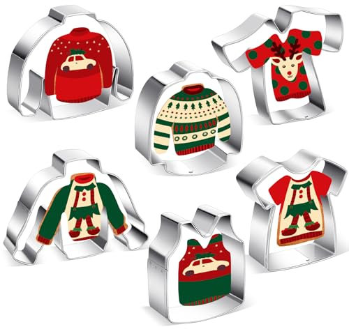 SiliFine 6 Pcs Christmas Ugly Sweater Set 3 Inch Stainless Steel Winter Sweater Cookie Cutters, Ugly Sweater, Turtleneck Sweater, Football Shirt, Magician Robe Fondant Biscuit Cutters