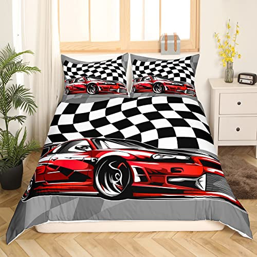 Loussiesd Race Auto Bettbezug Set Rot Sports Auto Betten Set für Jungen Mädchen 2Stück Kinder Schwarz Weiß Plaid Flagge Mikrofaser Bettwäsche Set 135x200cm