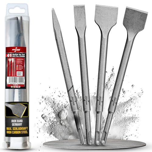 Ironhand Germany - 4er Set SDS Plus Meißel Set - 2x Fliesenmeißel 1x Flachmeißel 1x Spitzmeißel - geeignet für Fliesen, Putz, Beton, Stein - robust, langlebig - in praktischer Verpackung