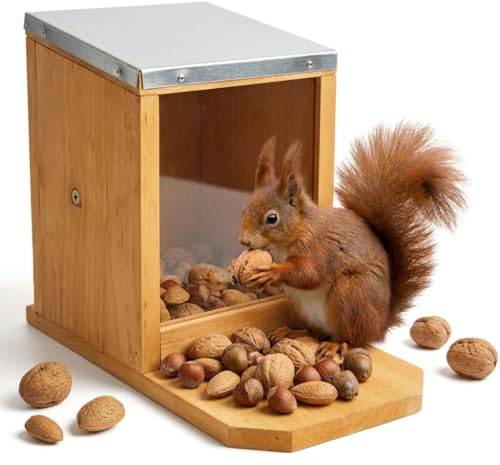 Mucola Eichhörnchen Futterhaus Futterstation mit Zinkdach 12x22x18 cm Holz | Große Sitzplattform, Dach zum Aufklappen für einfaches Befüllen, Befestigung an Baum, Pfosten oder Geländer
