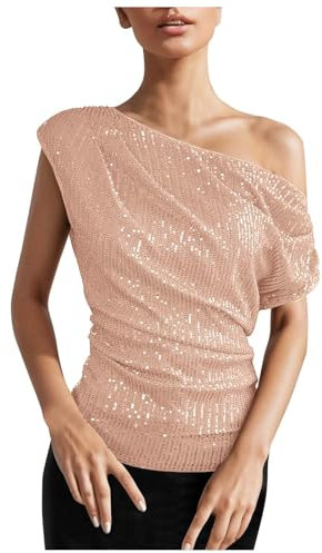 Foweknow Top da donna con paillette, senza spalline, con brillantini, per donna, tinta unita, corta, estiva, pieghevole, per feste, carnevale, clubwear, oro rosa., S