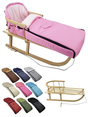 BambiniWelt Holzschlitten mit Rückenlehne & Zugseil + Winterfußsack 108 cm – warmes Thermofleece, wasserabweisend – Kombi-Set für Kinderwagen & Buggy, Farbe: rosa