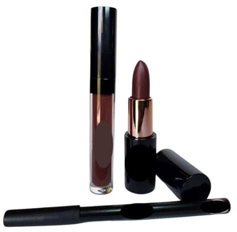 NBY by Panida Lippenstift, Lipgloss, Lipliner - Set 3 in 1 Set, Leicht Abwaschbar, Langhaltender Lippenstift für den perfekten Look (Dunkel Braun)