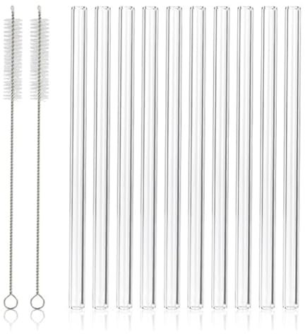 12 Pailles Et Brosses Réutilisables En Verre Borosilicaté Mesurant 7 Po X 8 Mm, Dont 10 Tubes Droits Et 2 Pailles Pour Jus, Café Et Cocktails