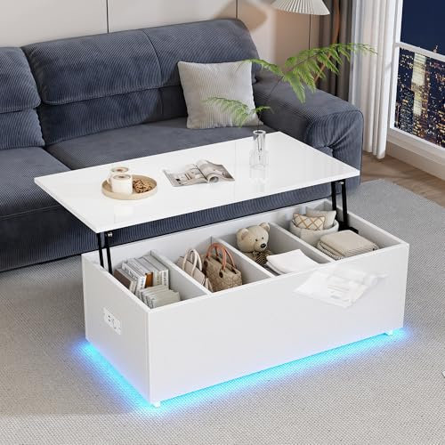 BTM Table Basse Relevable avec Éclairage LED, Table Basse Moderne avec Rangement Caché et USB, Prise de Charge, Table d'Appoint Blanc Brilllant, Charge de 40 kg, 100x50x35 cm
