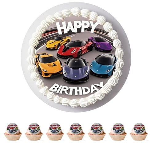 Anemowind 11 pcs Edible Cake Toppers-Supercar Birthday Cake Decorations, Rice Paper Cupcake Decos for Supercar Party, Kids Birthday Cake Decor