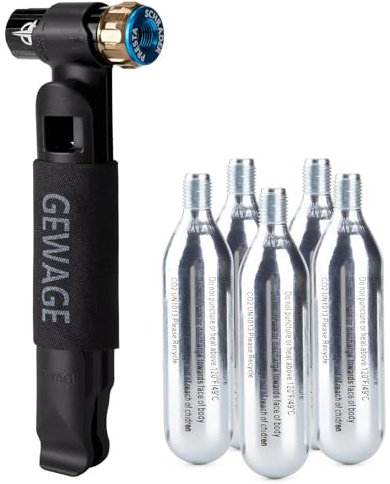 GEWAGE CO2 Pumpe Fahrrad - Kompakte CO2 Kartusche Fahrradpumpe mit 2 Reifenhebern und 5x16g CO2 Kapseln, kompatibel mit 12g/16g/25g, für Presta & Schrader Ventile (Schwarz)