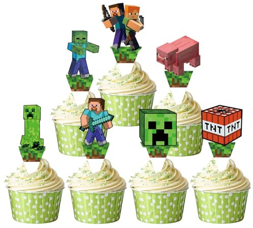 Pixel Style Cupcake Toppers – Miner Video Game Theme Decorations for Kids Birthday, 7 Designs Cake Picks for Boys and Girls, Birthday Party & Dessert Table Supplies
