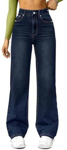 Damen Jeans Stretch High Waist Wide Leg Denimhose Weites Bein Bequeme Hose Straight Gerade Jeanshosen mit Taschen